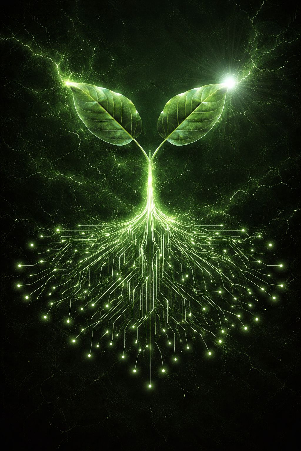A seedling with two broad green leaves, lit by a starburst flare. Its stem runs down into a vast fan of glowing circuit-trace roots, each branch ending in a bright node, on a black ground webbed with green lightning.
