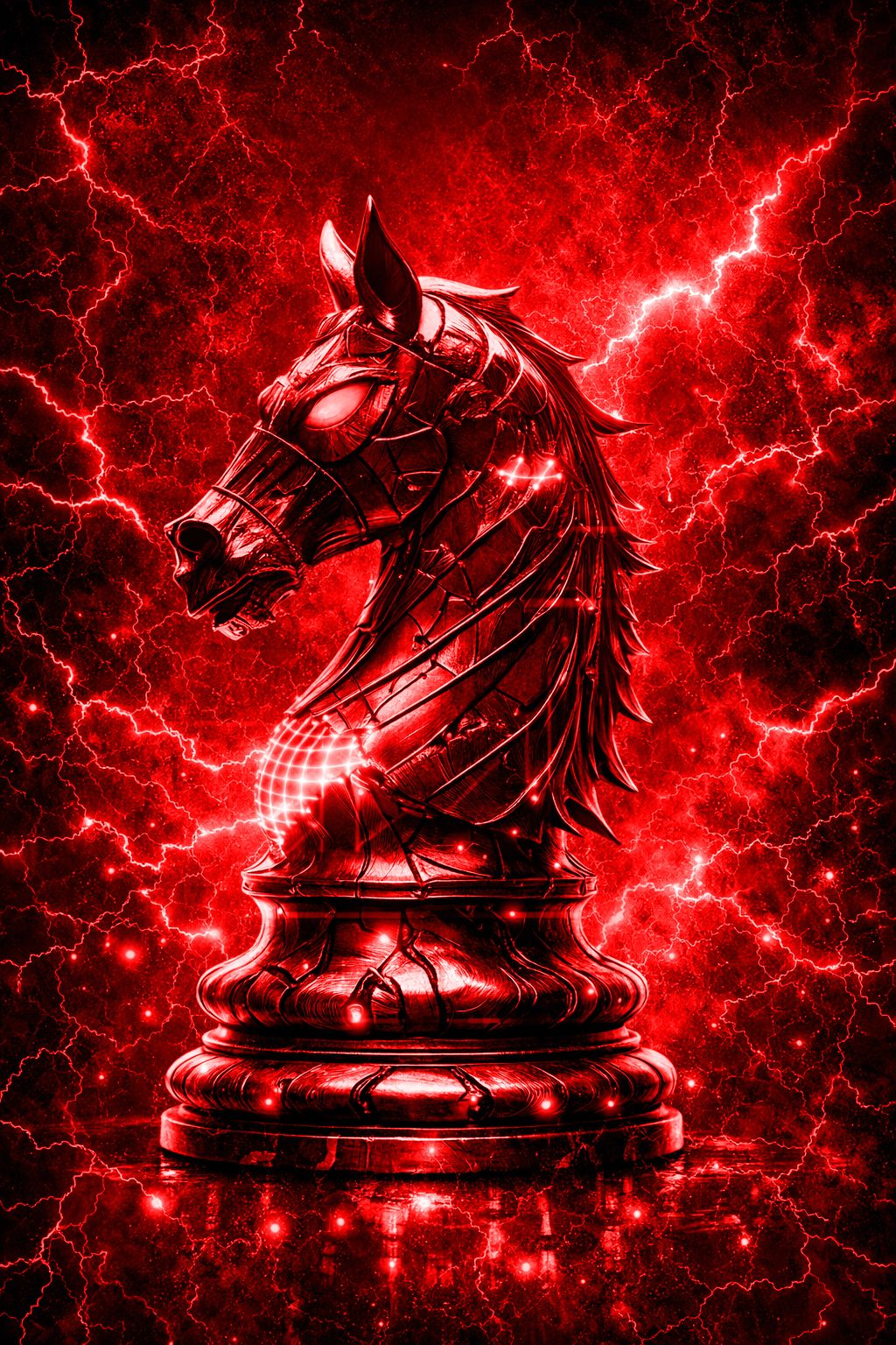 A chess knight carved from fractured black stone, red light bleeding from every crack, a glowing wireframe globe at the base of its neck, against a storm of red lightning.
