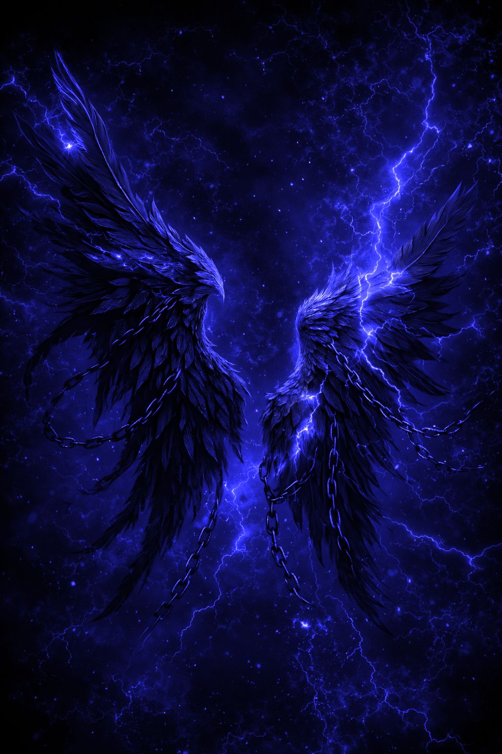 A pair of vast black feathered wings, spread apart and bound by heavy chains, lit from between them by a fork of white-blue lightning across a deep indigo sky.