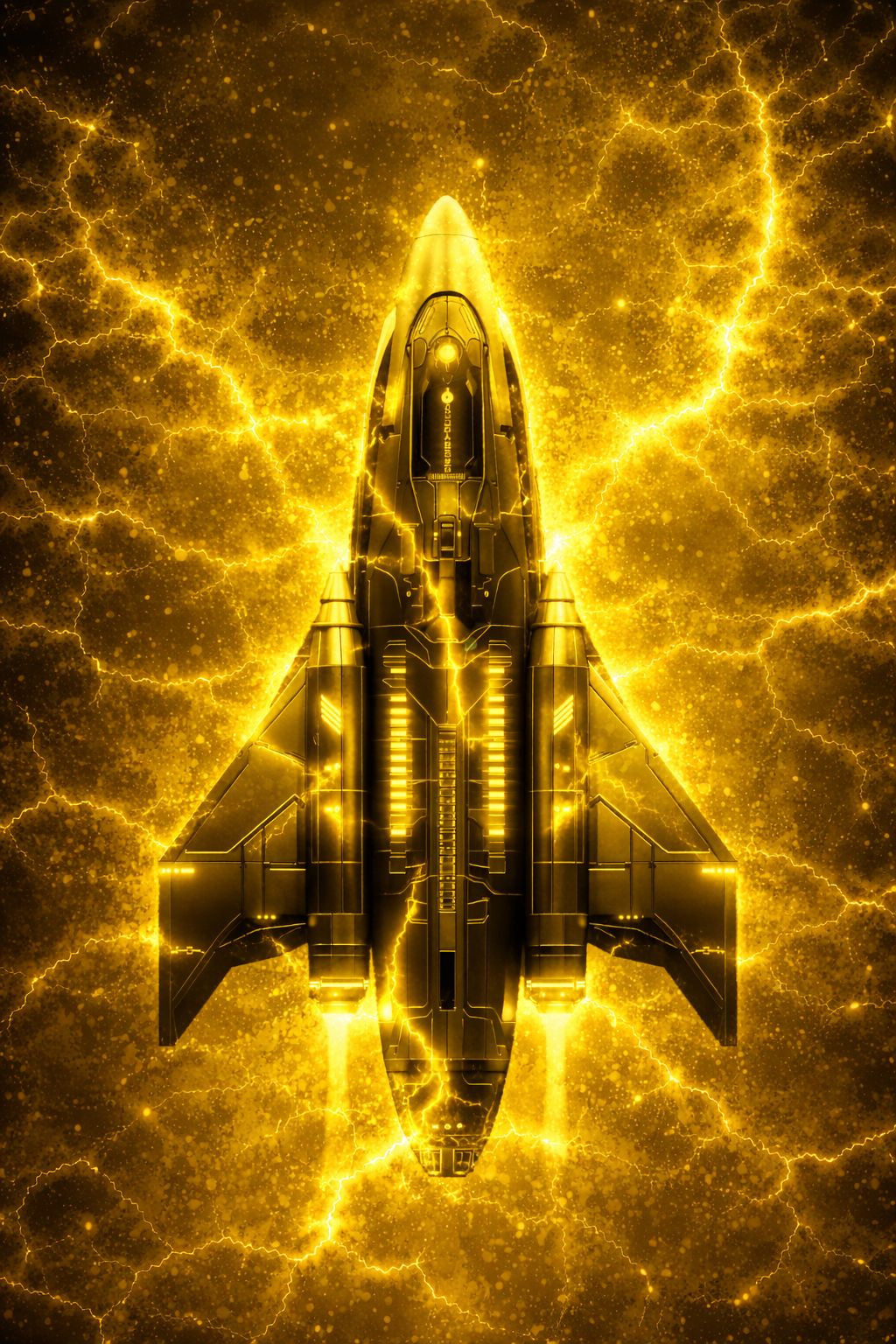 A sleek shuttle seen head-on, engines lit, climbing through a field of gold lightning that fills the whole frame.